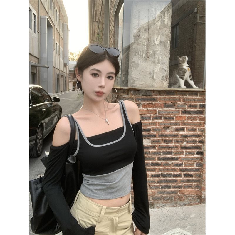 New American Spice Girl Fake Two-piece Slim-fit Short T-shirt Womens Early Autumn Design Sense Two-piece Shoulder Top Black - Image 1