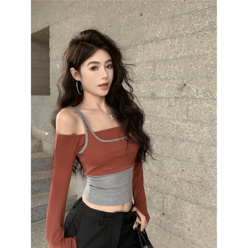 New American Spice Girl Fake Two-piece Slim-fit Short T-shirt Womens Early Autumn Design Sense Two-piece Shoulder Top Black - Image 2