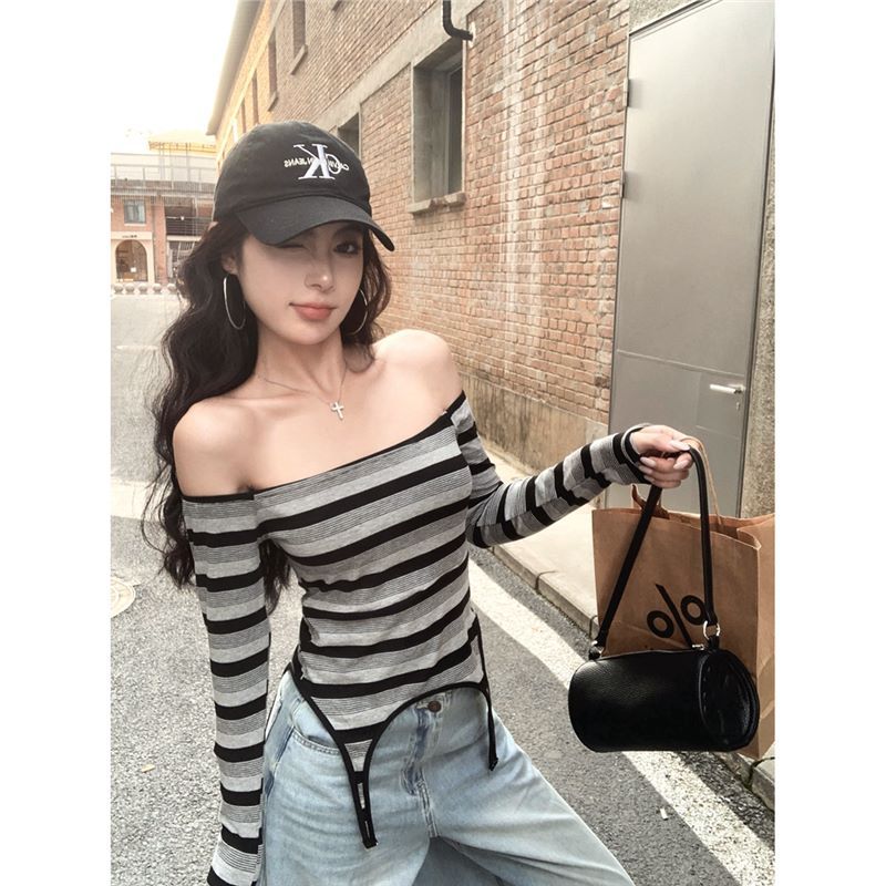 New American Spice Girl Fake Two-piece Slim-fit Short T-shirt Womens Early Autumn Design Sense Two-piece Shoulder Top Black - Image 3