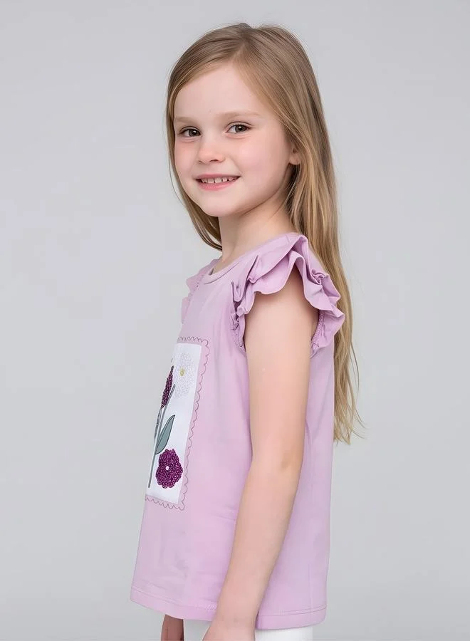 تايك تو Girls Sequins Design Frill Sleeve Glam T-Shirt By Juniorloom