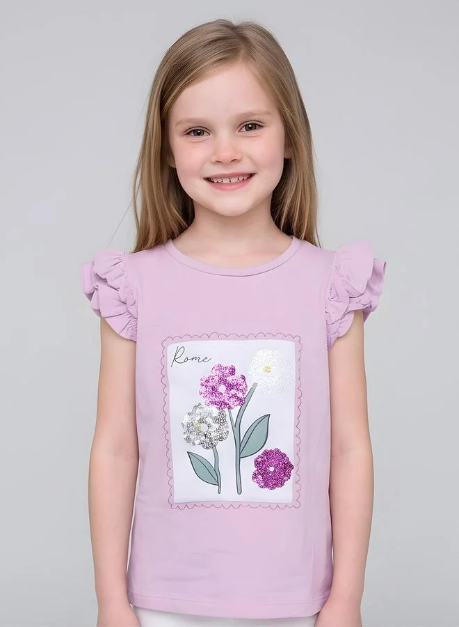تايك تو Girls Sequins Design Frill Sleeve Glam T-Shirt By Juniorloom