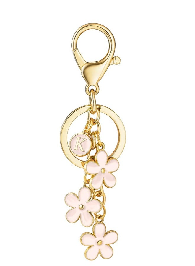 VIUAUAX حلقة مفاتيح، سلسلة مفاتيح بحرف أولي، زينة زهور بيضاء/وردية، سلسلة مفاتيح سيارة مضادة للضياع، سلسلة مفاتيح بأحرف لطيفة، مناسبة لحقائب اليد والحقائب وحقائب الظهر والمحافظ. - Image 1