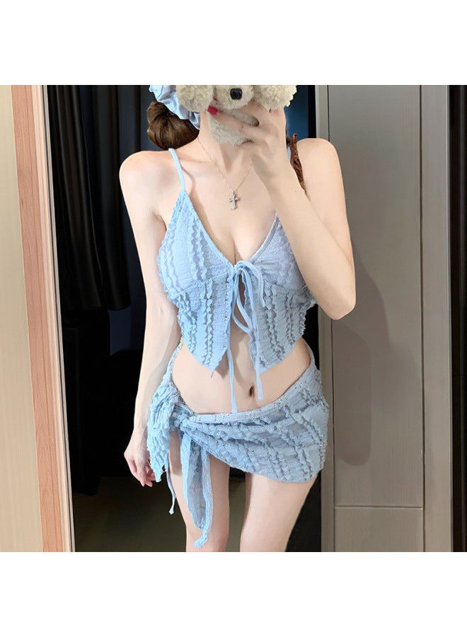 New Arrival Style Bikini Three-piece Set Lace Style Deep V Tie-up High-end Beach Vacation Swimsuit