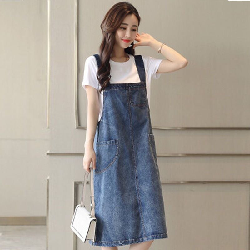 Denim Suspender Skirt Summer 2024 New Womens Clothing K-style Fashion Large Size Popular Elegant Dress Trendy Blue suspender skirT + whiTe T-shirT