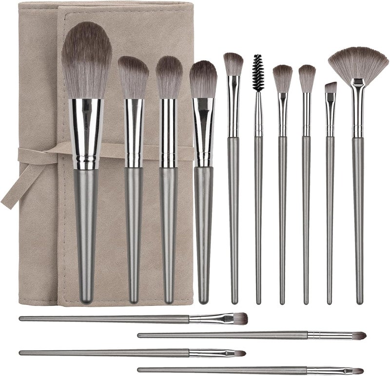 Amrules 14 Pcs Makeup Brush Set, Professional Eye and Face Foundation Brush Set, Eyeshadow Brushes, Cosmetic Brushes, with Pu Bag, Grayish - Image 1