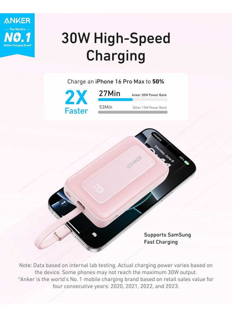 20000 mAh Zolo Power Bank, 20,000mAh 30W High-Speed Portable Charger with Built-In USB-C Cable, Battery Pack For iPhone 16/16 Plus/16 Pro/16 Pro Max/15 Series, Galaxy, and More (pink, 20000 mAh) pink - Image 3