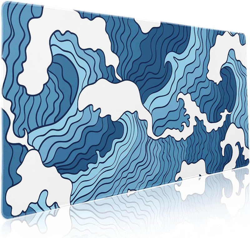 aportt Japanese Blue and White Wave Gaming Mouse Pad XXL Anime Sea Texture Extended Large Desk Mat Big Mousepad Non-Slip Rubber Base Stitched Edge Long Mousepad for Desktop PC Computer Gamer, 35.4 x 15.7 in - Image 1