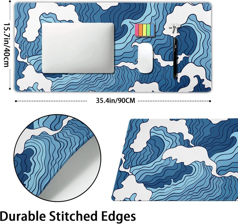 aportt Japanese Blue and White Wave Gaming Mouse Pad XXL Anime Sea Texture Extended Large Desk Mat Big Mousepad Non-Slip Rubber Base Stitched Edge Long Mousepad for Desktop PC Computer Gamer, 35.4 x 15.7 in - Image 2