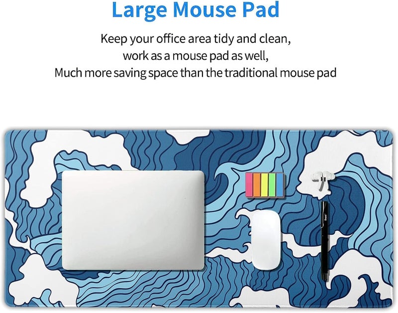 aportt Japanese Blue and White Wave Gaming Mouse Pad XXL Anime Sea Texture Extended Large Desk Mat Big Mousepad Non-Slip Rubber Base Stitched Edge Long Mousepad for Desktop PC Computer Gamer, 35.4 x 15.7 in - Image 5
