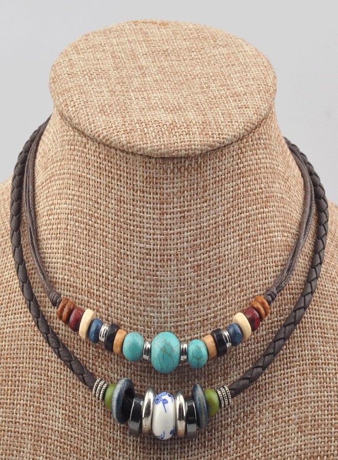 Ancient Tribe Boho Layered Leather Choker Necklace with Turquoise and Ceramic Beads - Adjustable Double Cord Jewelry for Men and Women - Image 2