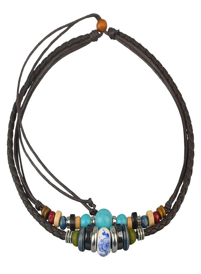 Ancient Tribe Boho Layered Leather Choker Necklace with Turquoise and Ceramic Beads - Adjustable Double Cord Jewelry for Men and Women - Image 1