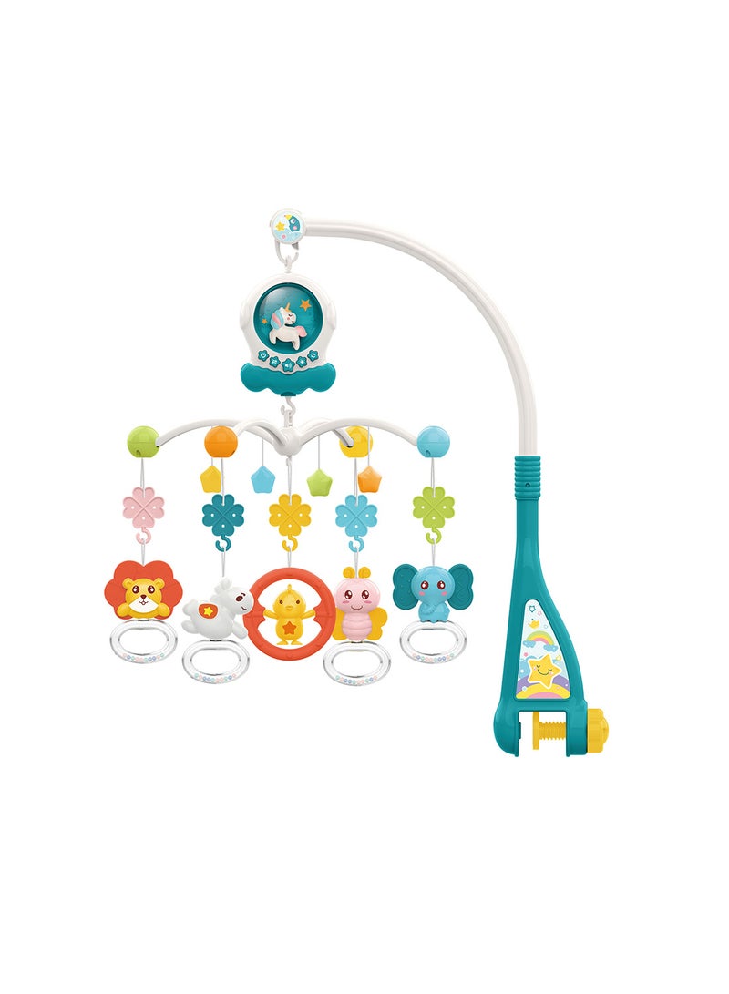 HE0311 Musical Baby Mobile with Remote Control, 360° Rotation, Star Projector Light, 5 Animal Rattles, 55cm Height - Image 1