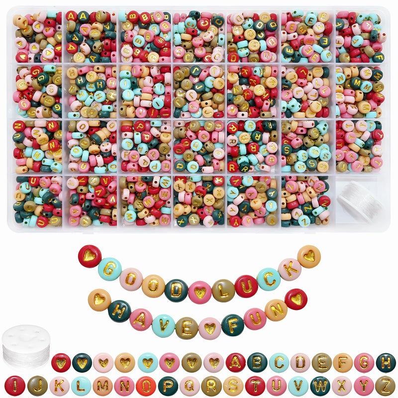 Looconi 1400pcs Colorful Letter Beads 7x4mm Gold Alphabet A-Z and Heart Beads with Beading Cord for Jewelry Making - Image 1