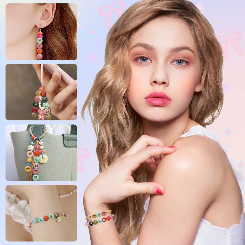 Looconi 1400pcs Colorful Letter Beads 7x4mm Gold Alphabet A-Z and Heart Beads with Beading Cord for Jewelry Making - Image 5
