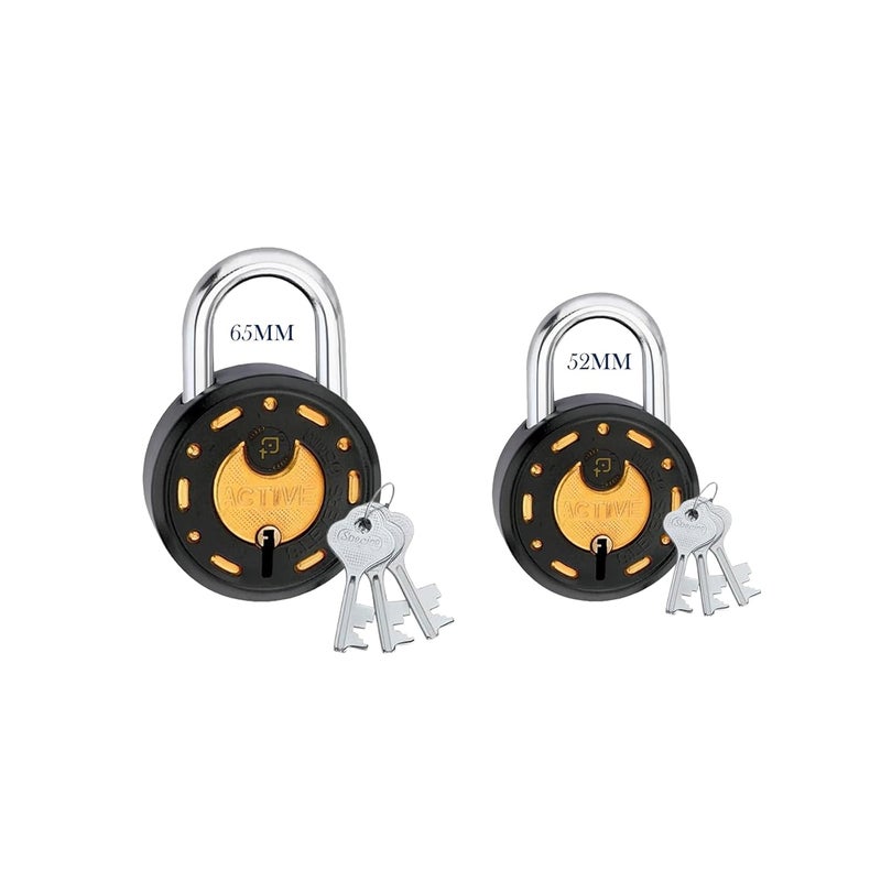 ONEPRO Azco Round Locks 65mm and 50mm Combo Padlocks with 3 Keys | 8 Levers Double Locking | Lock and Keys for Home Door Shop Gate Office Locker, Black Gold Finish (Pack of 2) - Image 1