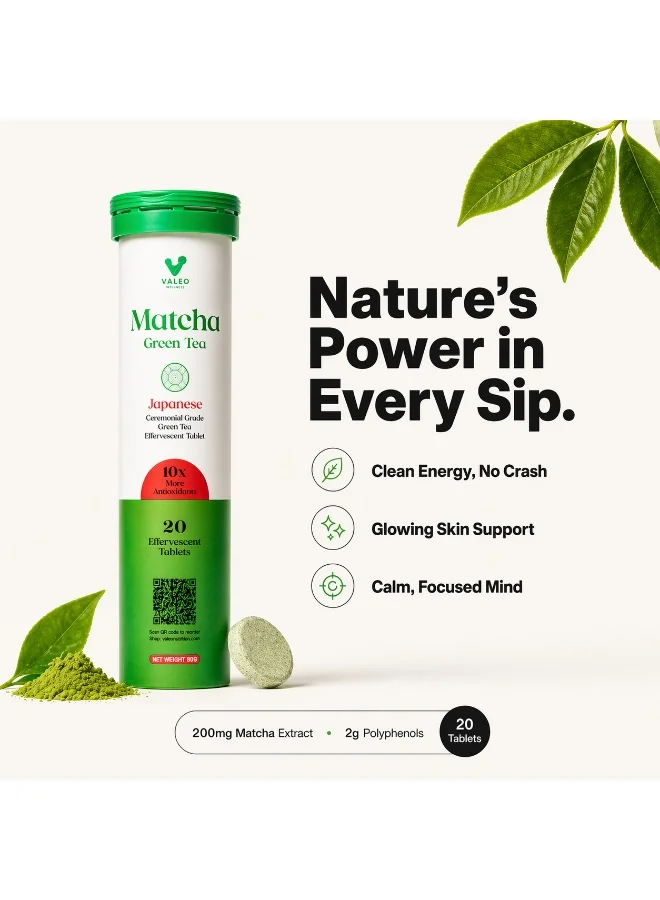 VALEO Matcha Green Tea Effervescent Tabs (20) Organic Japanese Ceremonial-grade Matcha