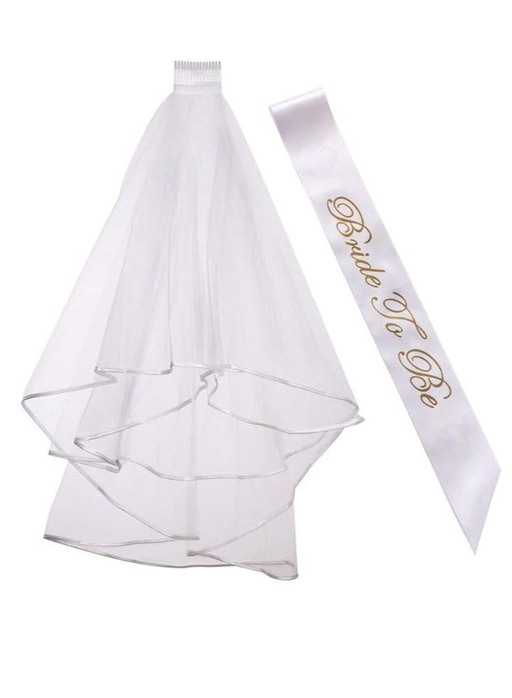 Bride to Be Sash and Veil,White Bridal Wedding Veil with Comb+Gold Bride to Be Banner Hen Party Accessory for Bridal Shower Hen Night Party Decoration - Image 1