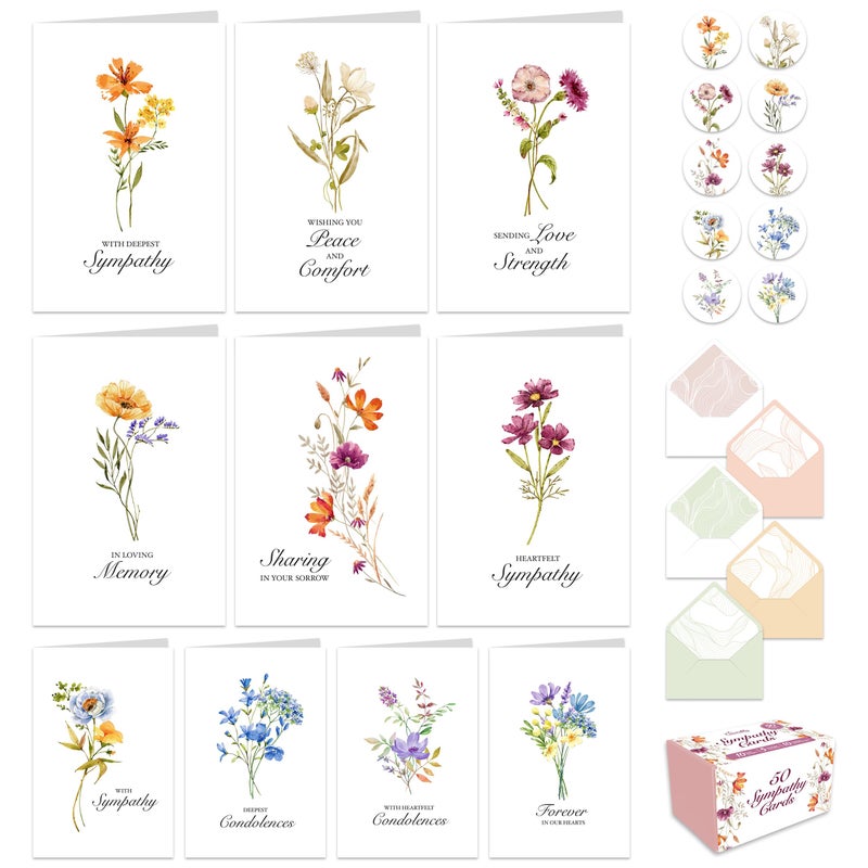 Decorably 50 Pack 4x6in Bulk Sympathy Cards with Envelopes & Stickers, 10 Folded Floral Designs with Printed Message Inside - Burial, Grief, Bereavement, Loss of Loved Ones - Image 1