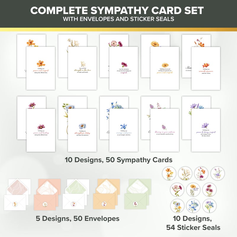 Decorably 50 Pack 4x6in Bulk Sympathy Cards with Envelopes & Stickers, 10 Folded Floral Designs with Printed Message Inside - Burial, Grief, Bereavement, Loss of Loved Ones - Image 2