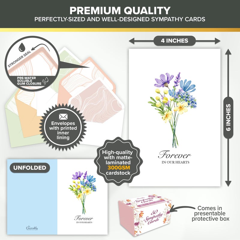 Decorably 50 Pack 4x6in Bulk Sympathy Cards with Envelopes & Stickers, 10 Folded Floral Designs with Printed Message Inside - Burial, Grief, Bereavement, Loss of Loved Ones - Image 3