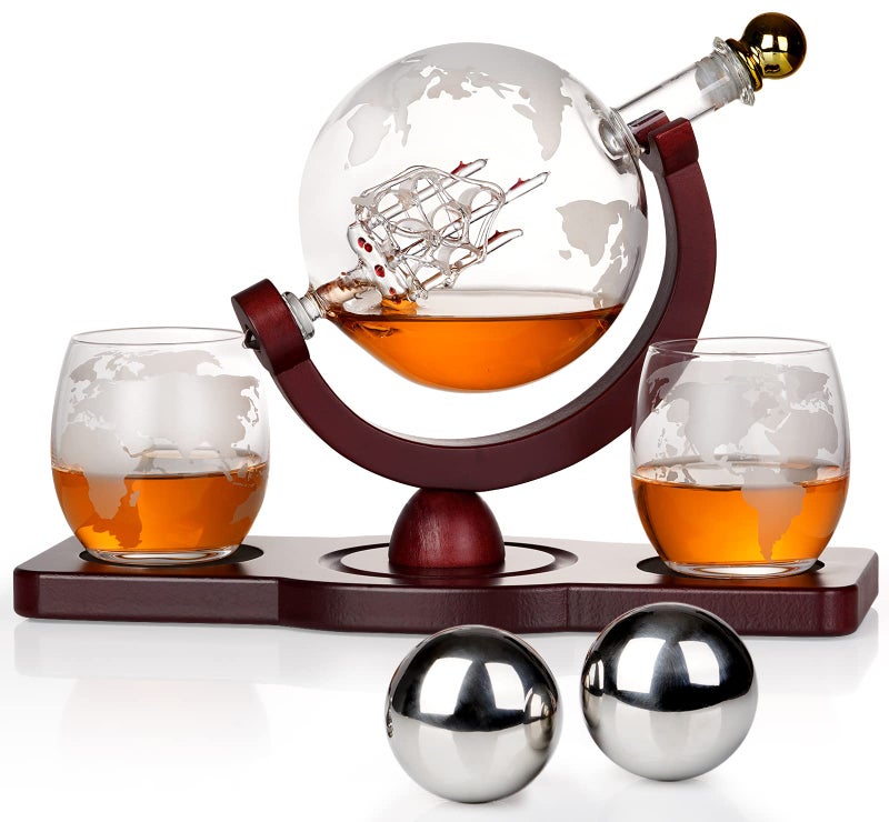 PONPUR Gifts for Men Dad Valentines Day, Whiskey Decanter Globe Set with 2 Ball Stones & 2 Glasses, Anniversary Birthday Gifts for Him Husband Boyfriend Brother, Cool Stuff Gift for Bourbon Scotch - Image 1