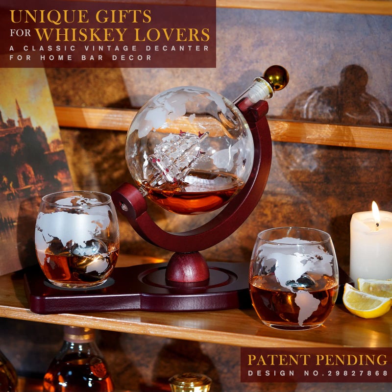 PONPUR Gifts for Men Dad Valentines Day, Whiskey Decanter Globe Set with 2 Ball Stones & 2 Glasses, Anniversary Birthday Gifts for Him Husband Boyfriend Brother, Cool Stuff Gift for Bourbon Scotch - Image 2