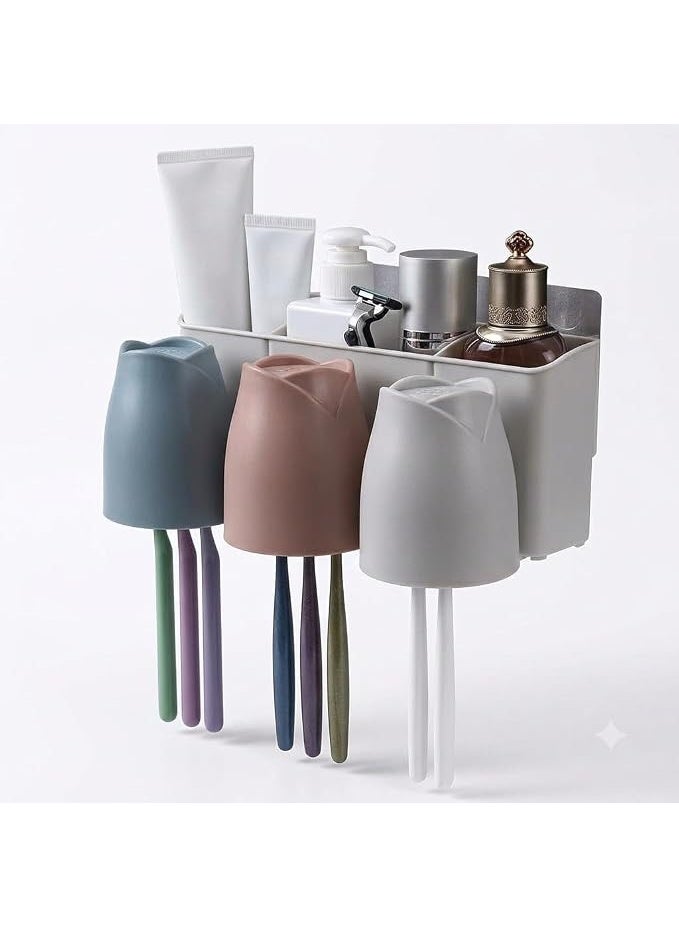 Wall Mounted Bathroom Organizer with 3 Inverted Cups and Toothbrush Holders - Image 1