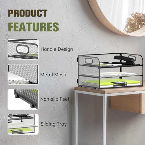 Daltack 3-Tier Paper Organizer with Handle, Mesh Desk Organizer Letter Tray, Paper Tray Organizer File Organizer for A4 File Folder, Black - Image 4