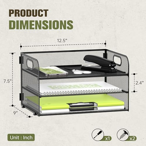 Daltack 3-Tier Paper Organizer with Handle, Mesh Desk Organizer Letter Tray, Paper Tray Organizer File Organizer for A4 File Folder, Black - Image 3