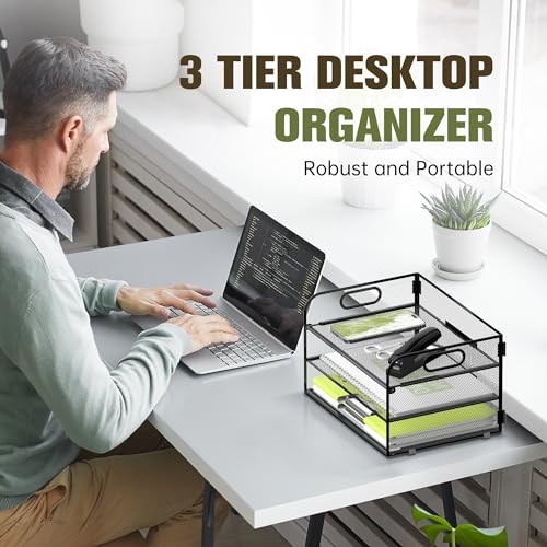 Daltack 3-Tier Paper Organizer with Handle, Mesh Desk Organizer Letter Tray, Paper Tray Organizer File Organizer for A4 File Folder, Black - Image 2