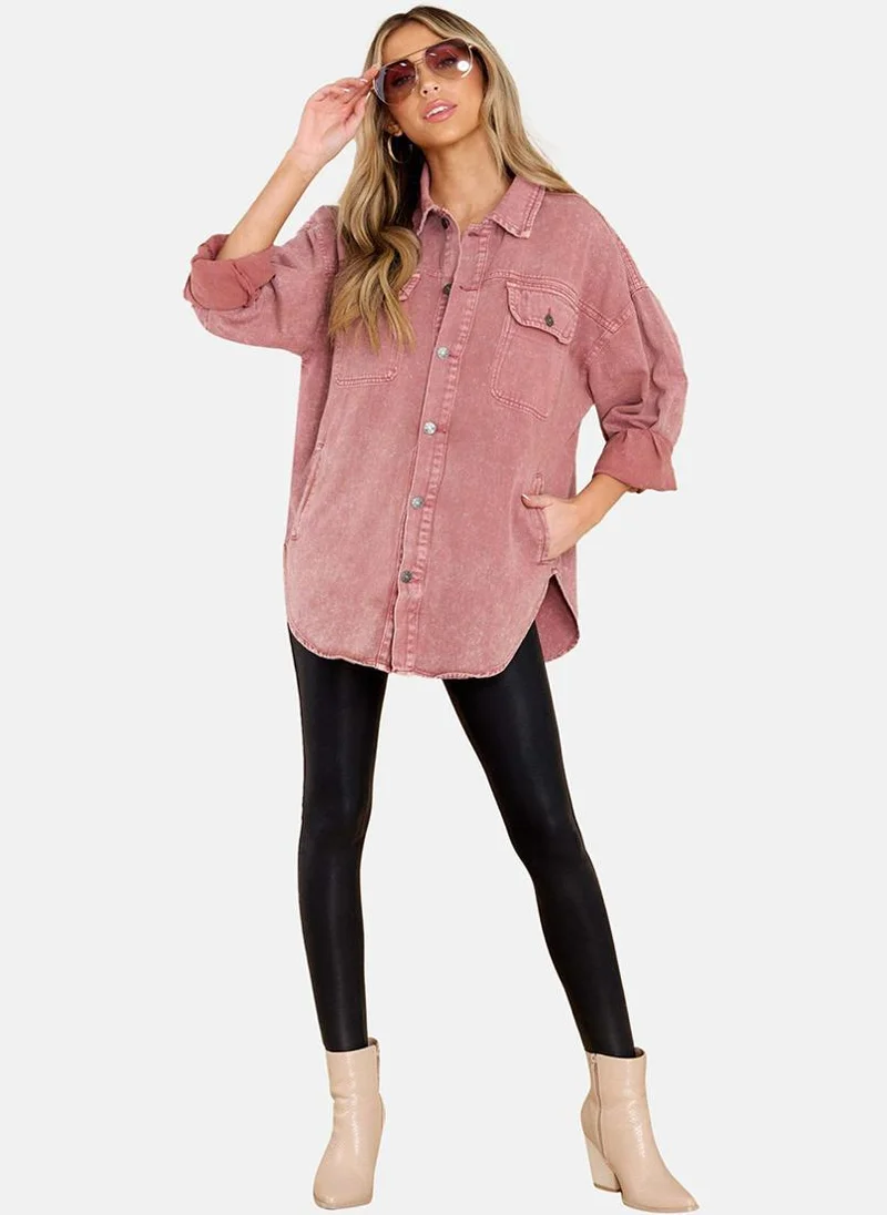 يونيكي Pink Relaxed Fit Spread Collar Long Sleeves Shirts