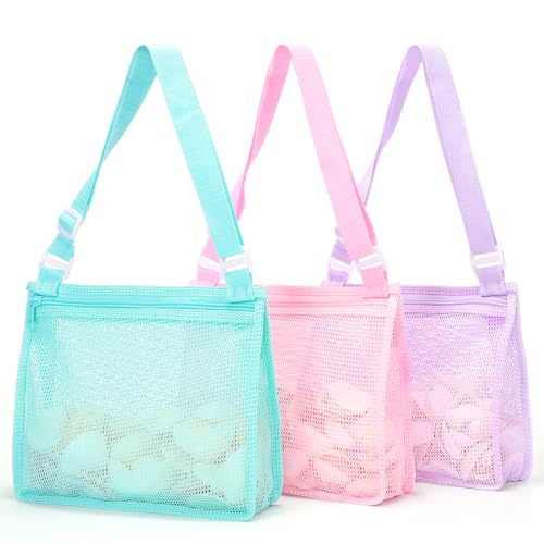 Tagitary Beach Toy Mesh Beach Bag Sand Toy Seashell Bag for Holding Shells Pool Bag with Zipper Swimming Accessories for Kids Boys and GirlsOnly BagsA Set of 3 - Image 1