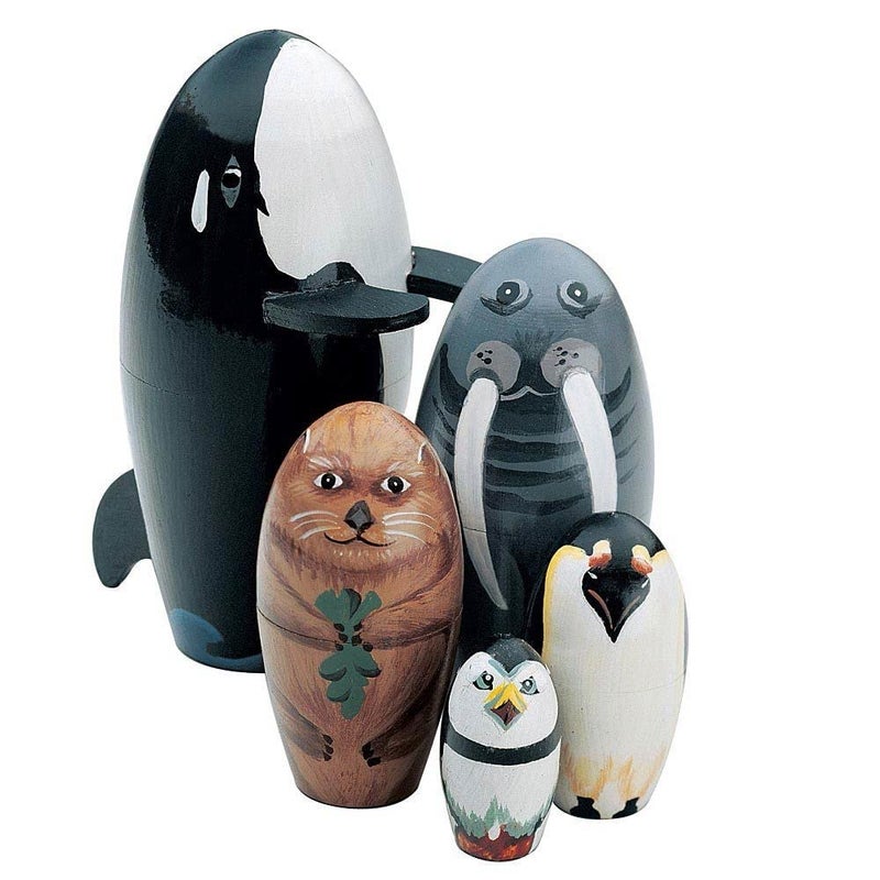 Bits and Pieces Willy and Friends Matryoshka Dolls Wooden Russian Nesting Dolls Sea Life Animal Figurines Whale Walrus Penguin Stacking Dolls Set of 5 - Image 3