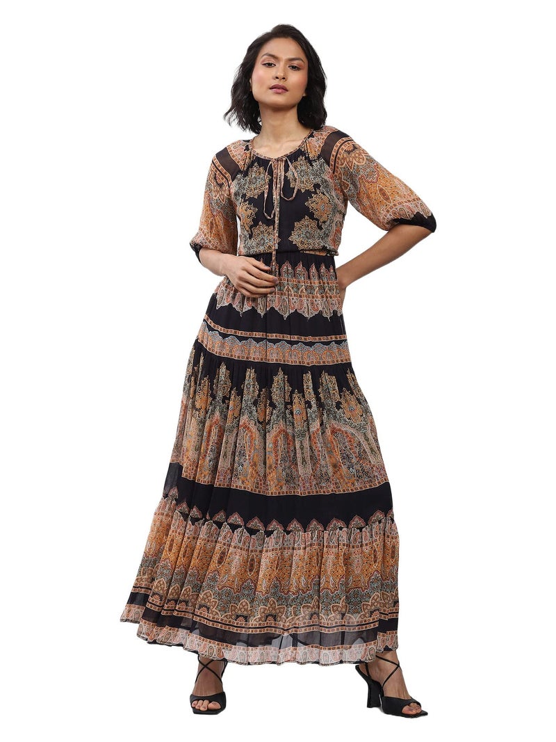 Label RITU KUMAR Women Black Printed Maxi Dress, Small - Image 1