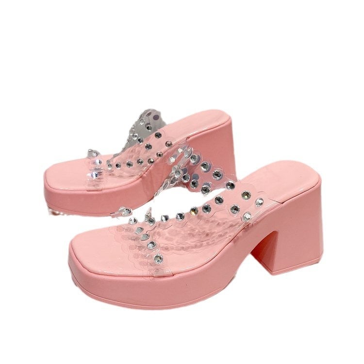 Slippers Slippers Women'S Outfit Fashionable Sequin One-Word Slippers Rhinestone Half Slippers Platform High Heels - Image 5