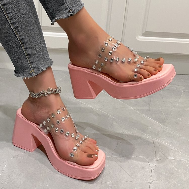 Slippers Slippers Women'S Outfit Fashionable Sequin One-Word Slippers Rhinestone Half Slippers Platform High Heels - Image 3
