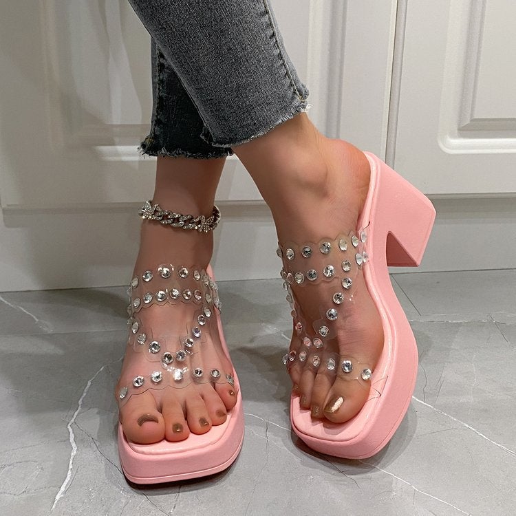 Slippers Slippers Women'S Outfit Fashionable Sequin One-Word Slippers Rhinestone Half Slippers Platform High Heels - Image 2