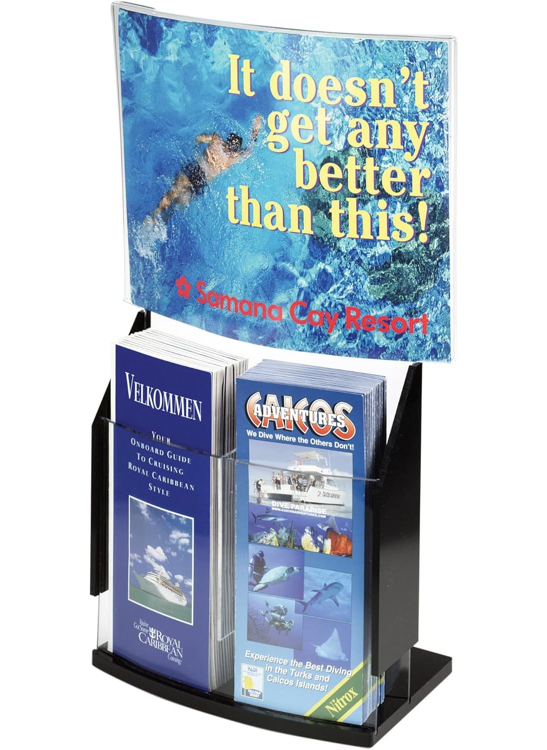 Displays2go Displays2go Clear Acrylic Brochure Holder with Black Siding with Convex Sign Holder for Countertop Use  - Image 1