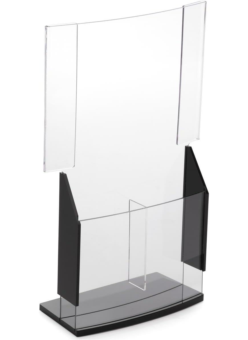 Displays2go Displays2go Clear Acrylic Brochure Holder with Black Siding with Convex Sign Holder for Countertop Use  - Image 2