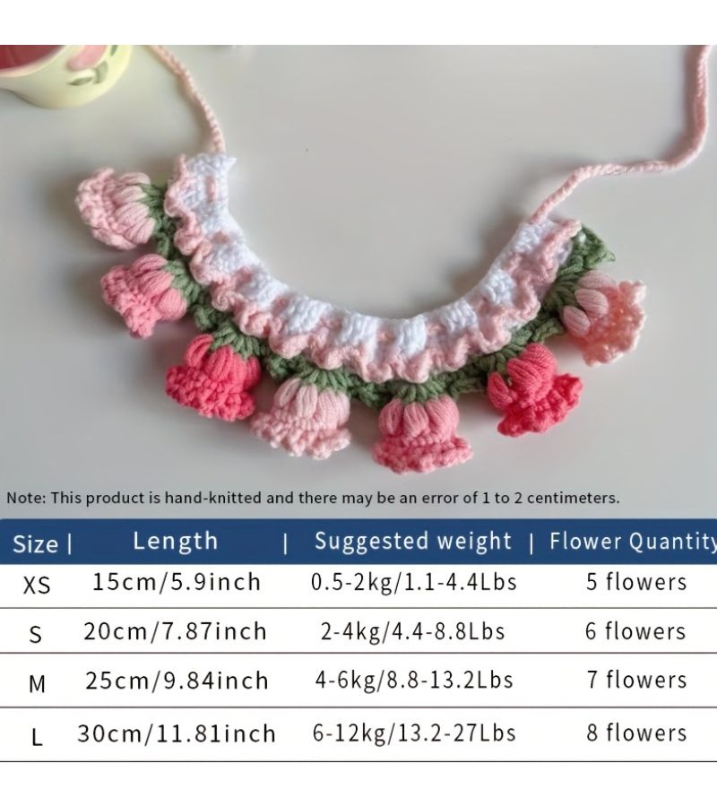 Handwoven Pink Flower Pet Collar for Cats and Dogs Adjustable Tie Multiple Sizes - Image 2