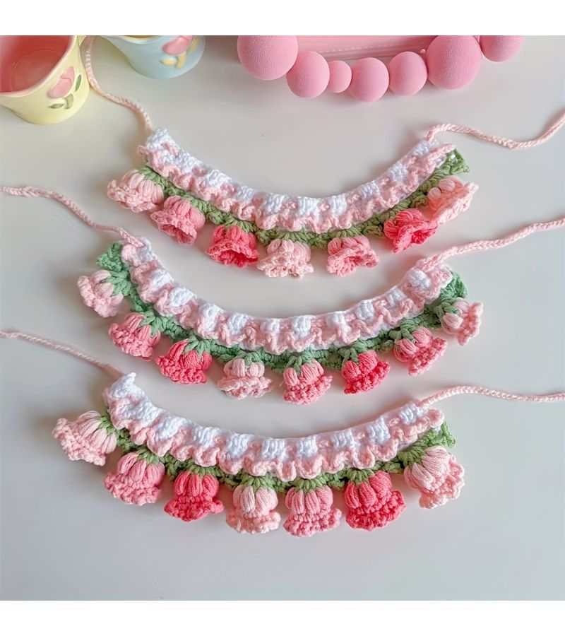 Handwoven Pink Flower Pet Collar for Cats and Dogs Adjustable Tie Multiple Sizes - Image 1