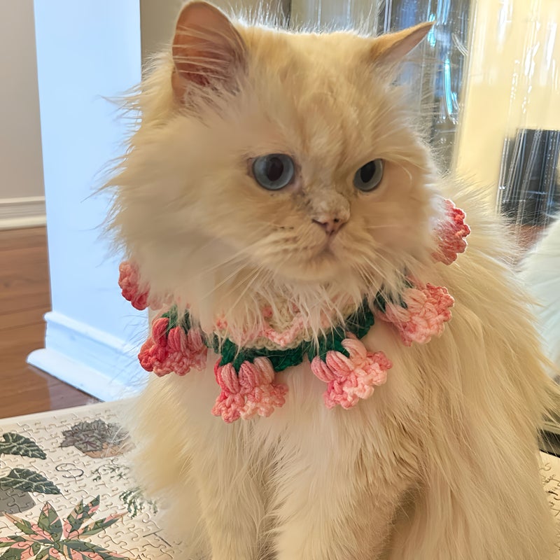 Handwoven Pink Flower Pet Collar for Cats and Dogs Adjustable Tie Multiple Sizes - Image 3