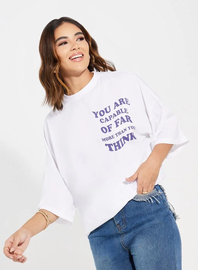 Styli Oversized Slogan Print Exaggerated Sleeves T-Shirt