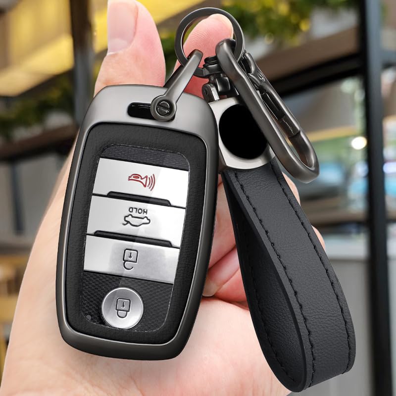 SANRILY Keyless Metal 3/4/6 Button Smart Key Fob Cover Compatible with Kia Seltos Carens 2022 Sonet Rio Rio5 Sportage Ceed Cerato K3 KX3 K4 K5 Sorento Optima Picanto with Leather Keychain Black - Image 3