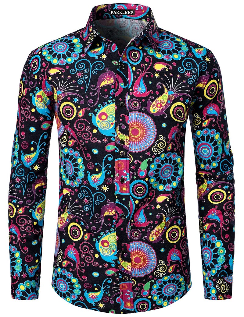 PARKLEES Men's Stylish 70s Paisley Pattern Printed Linen Long Sleeve Button up Shirt Multicolor XXX-Large - Image 1