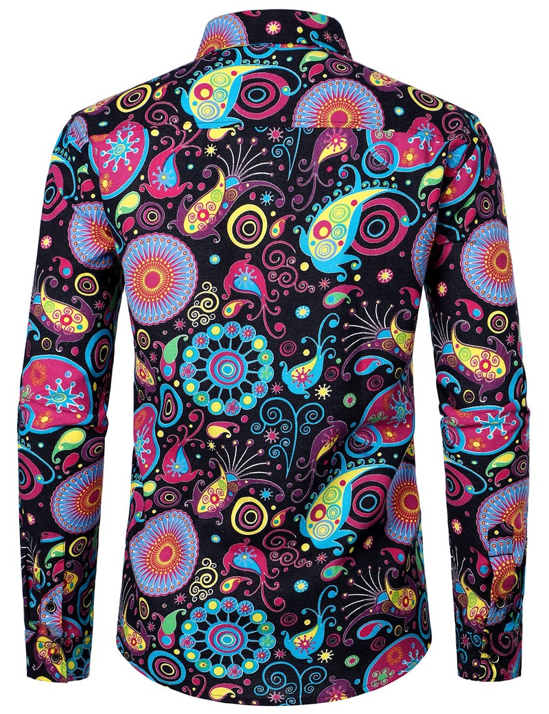 PARKLEES Men's Stylish 70s Paisley Pattern Printed Linen Long Sleeve Button up Shirt Multicolor XXX-Large - Image 4