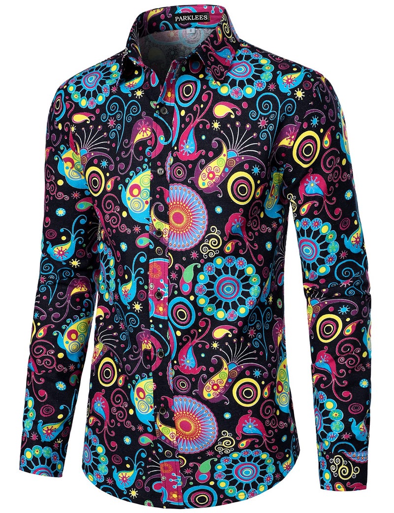 PARKLEES Men's Stylish 70s Paisley Pattern Printed Linen Long Sleeve Button up Shirt Multicolor XXX-Large - Image 3
