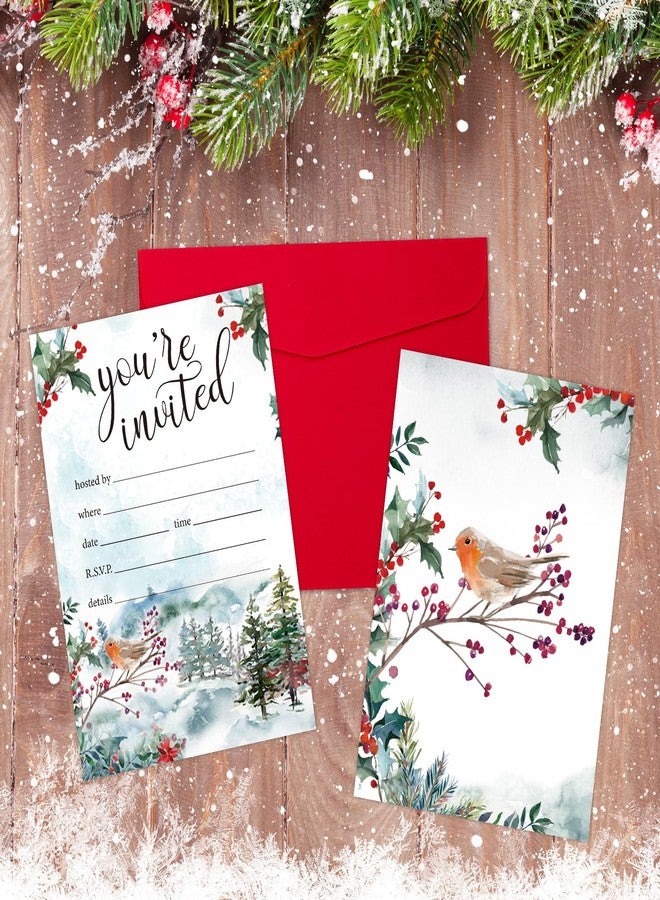 وولاين مجموعة بطاقات دعوة لحفلة عيد الميلاد من Whaline، 25 بطاقة، بطاقات دعوة ورقية برسومات طائر روبن في غابة شتوية مع أظرف حمراء داكنة، دعوات لحفلة عيد الميلاد برسومات حيوانات مائية. - Image 4