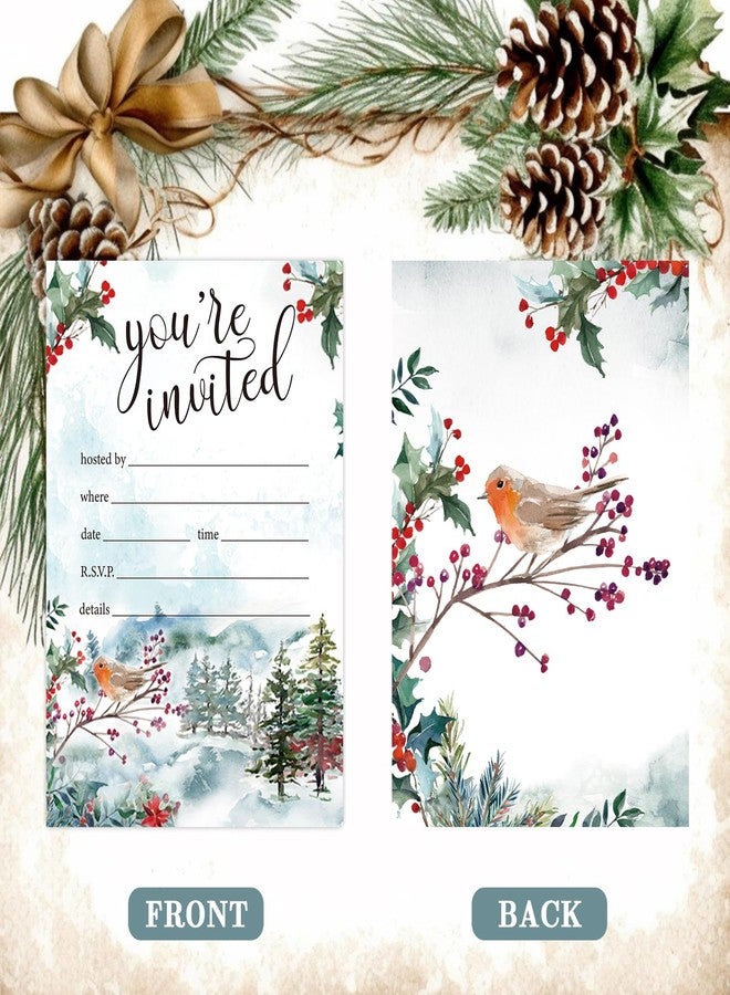 وولاين مجموعة بطاقات دعوة لحفلة عيد الميلاد من Whaline، 25 بطاقة، بطاقات دعوة ورقية برسومات طائر روبن في غابة شتوية مع أظرف حمراء داكنة، دعوات لحفلة عيد الميلاد برسومات حيوانات مائية. - Image 3