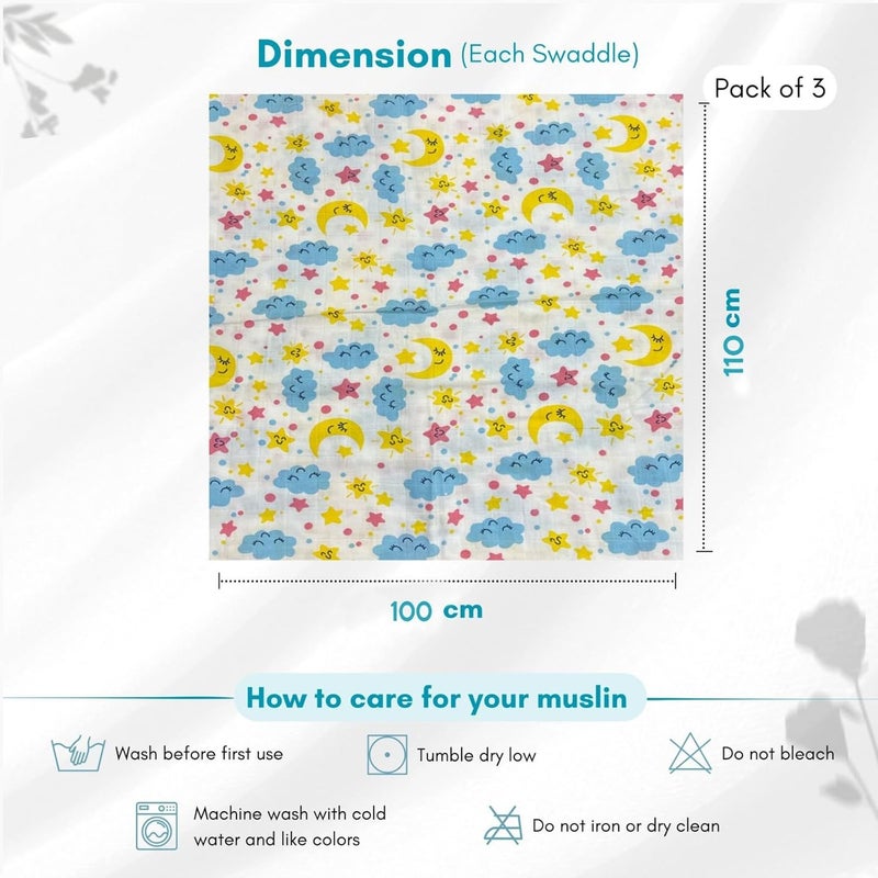 Comfy Cheeks 100% Cotton Muslin Baby Swaddle Set – Pack of 3 | Large 115x100 cm Mulmul Swaddle Wrap for Newborn to 18 Months | Soft Breathable Printed Baby Blanket & Towel - Image 2
